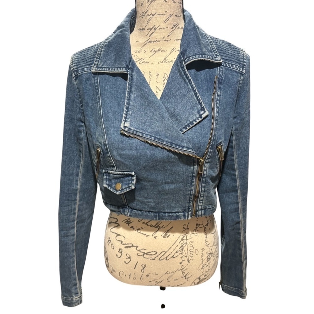 Free People Denim Cropped Moto Jacket Women’s Size Small